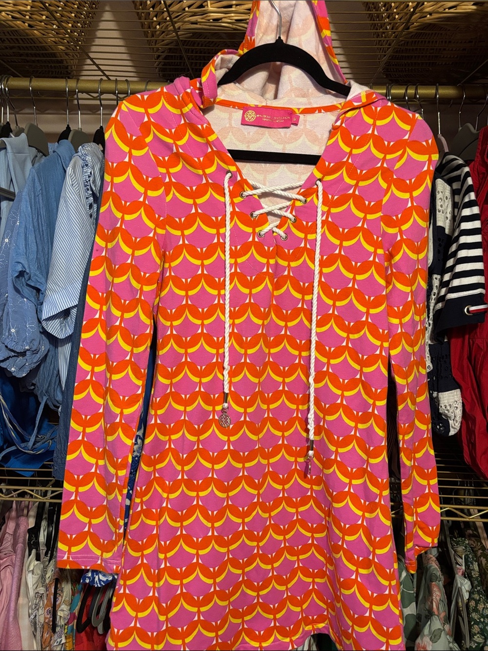 Vibrant Pink & Orange Hooded Lace-Up Tunic